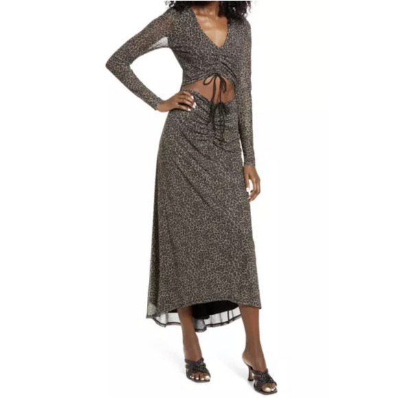 NWT AFRM Rhys Cutout Maxi Dress Leopard Long Sleeve V-Neck Sheer Mesh Lined XL - Picture 1 of 13